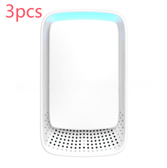 White plug-in air purifier front view with blue LED halo and perforated base