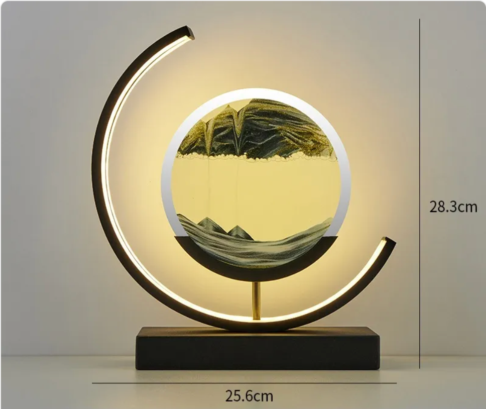 Chinese-style glass hourglass table lamp with illuminated round glass disc, green landscape, black base