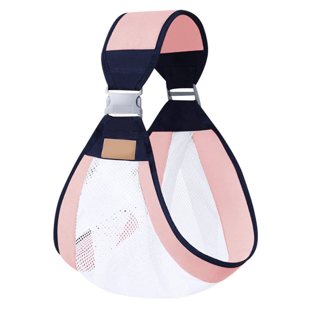 Pink baby carrier sling with white mesh wings, navy trim, and adjustable buckles