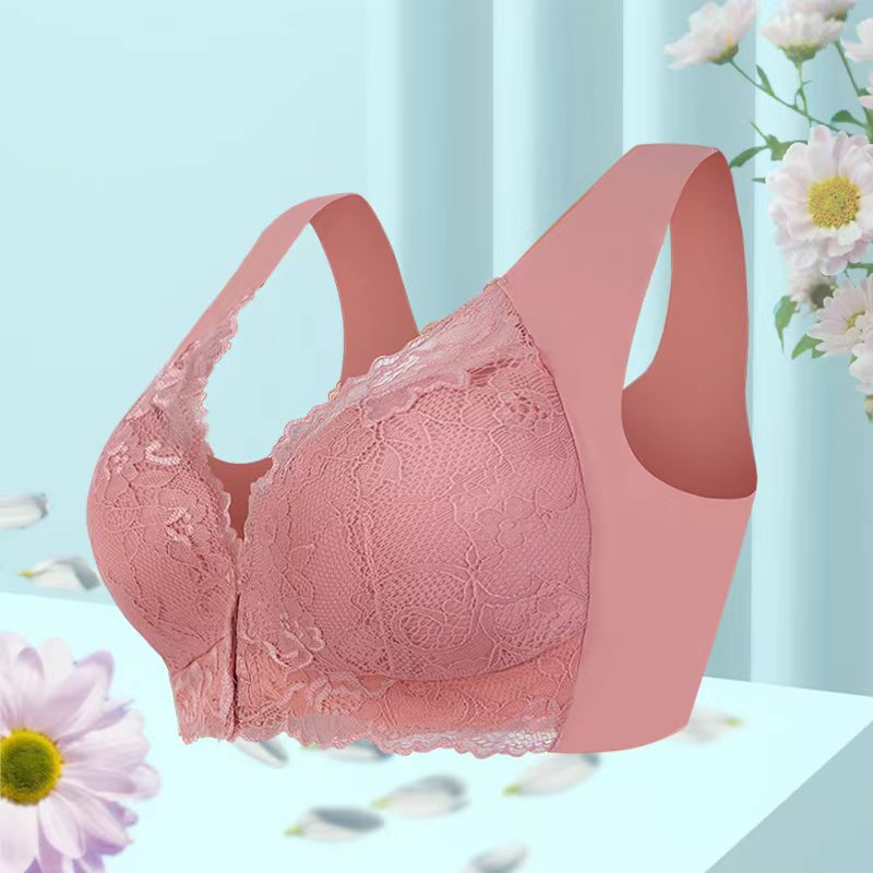Rose pink lace wireless bra with V-neckline and scalloped lace hem