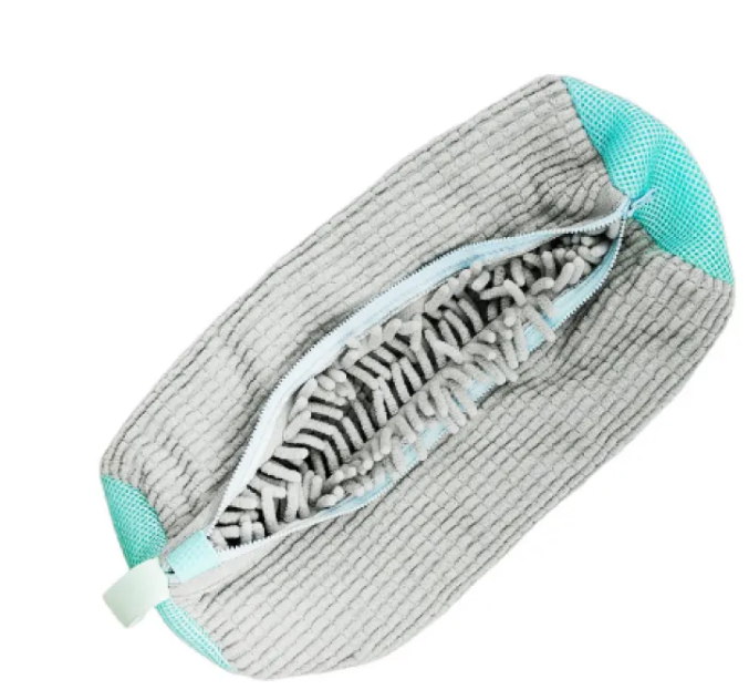 Dark gray mesh sneaker wash bag with teal sides and visible sneaker laces