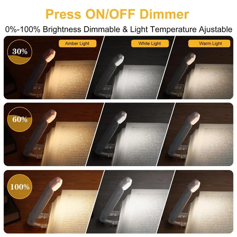 Clip-on LED book light showing multiple brightness levels and light temperatures