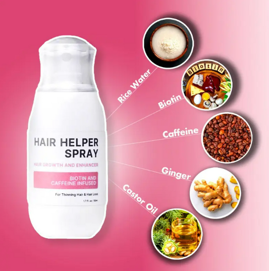 Hair helper spray bottle with label text, Ginger and Rice extract infused highlights