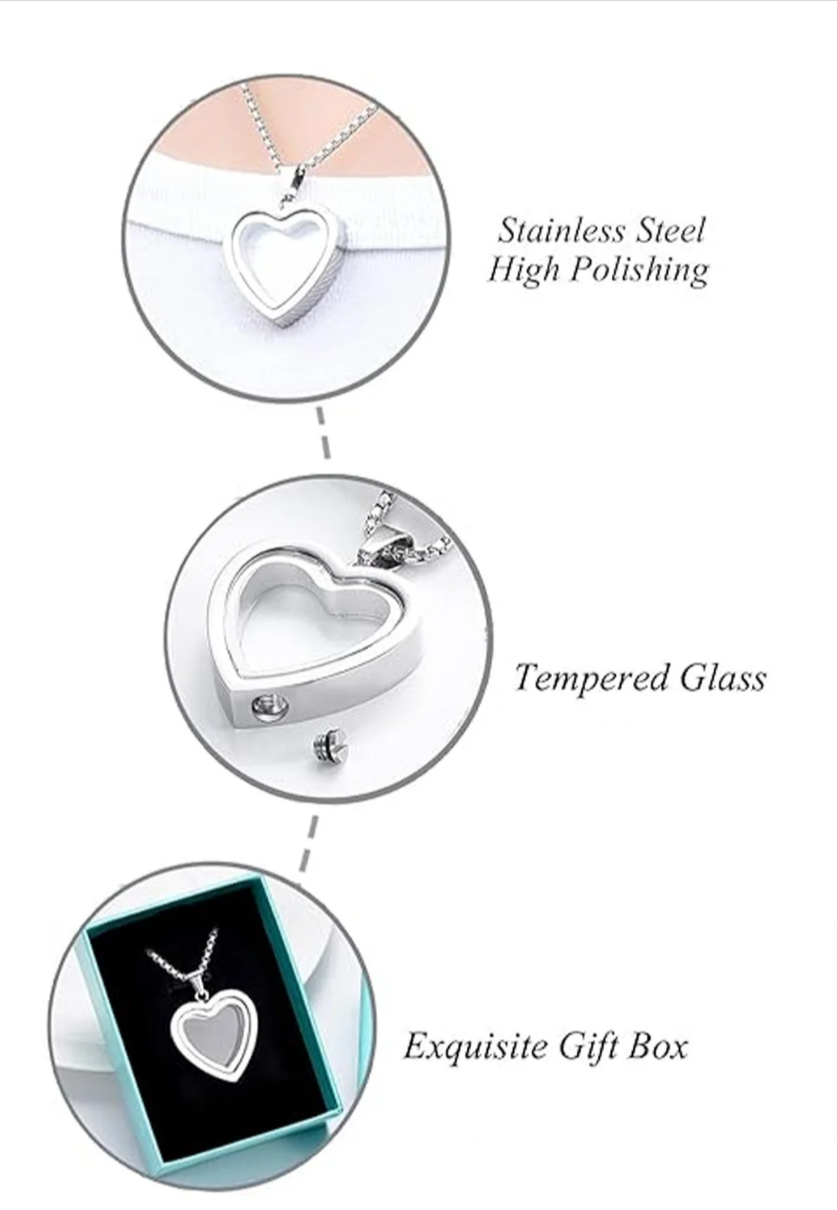 Stainless steel heart pendant set with tempered glass insert and gift box