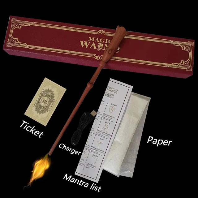Magic wand toy set with red wand, ticket, paper pages, and flame effect
