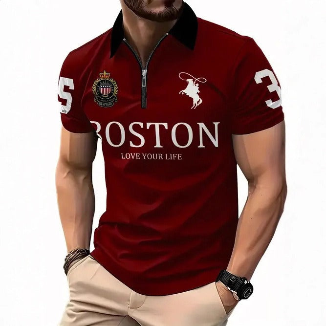 Men's zip-up polo shirt, dark red with Boston graphic and white zipper placket