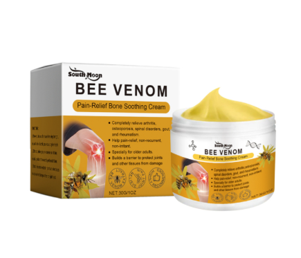 Bee venom joint relief cream jar and box with yellow balm lid