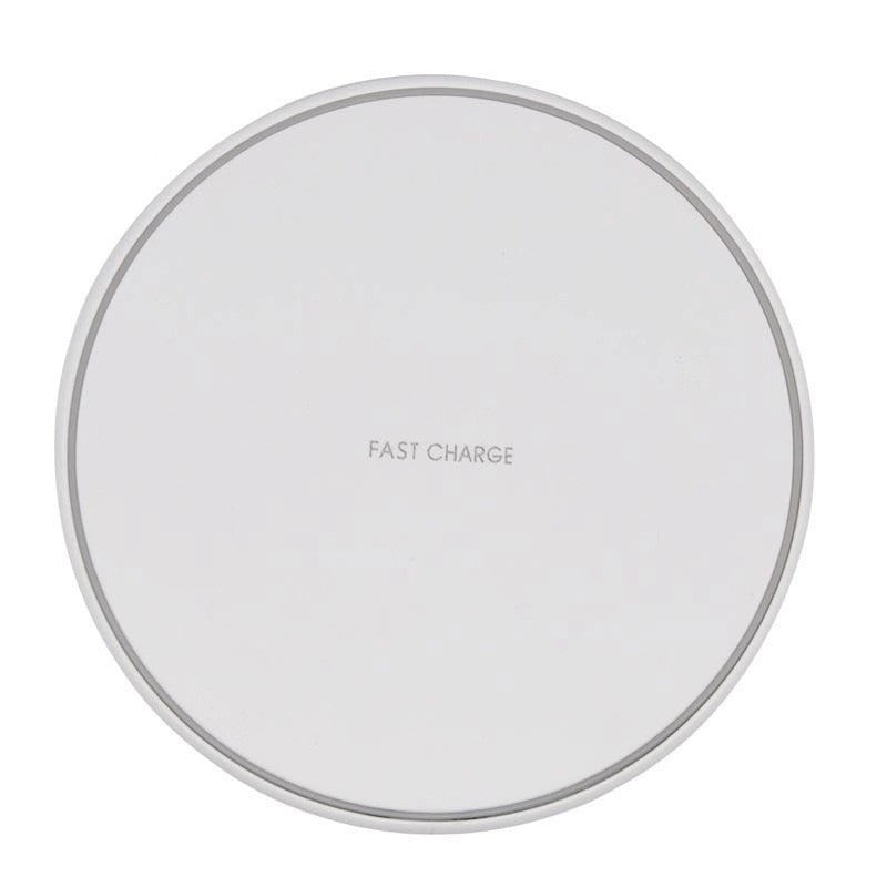 White wireless charging pad, smooth circular top with FAST CHARGE logo