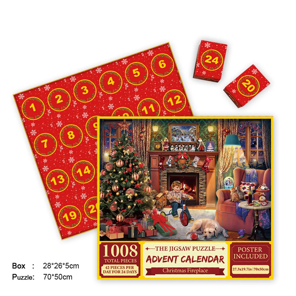 Jigsaw advent calendar puzzle set with red numbered board and Christmas tree room box