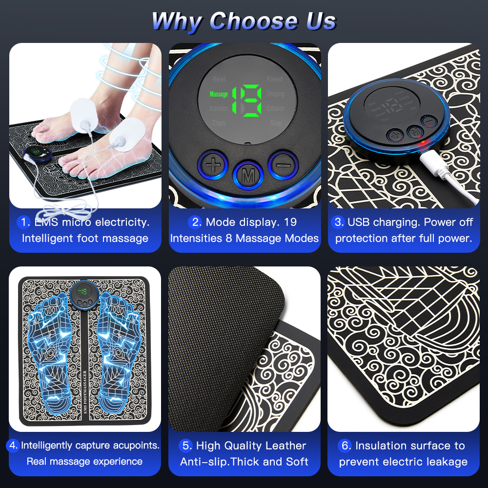 Foot massage pad feature icons with control panel and patterned mat surface