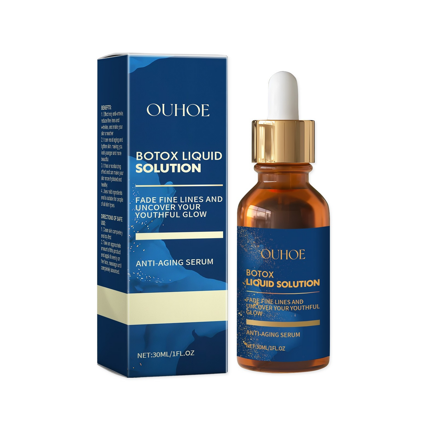 Anti-aging face serum bottle with gold dropper and blue carton
