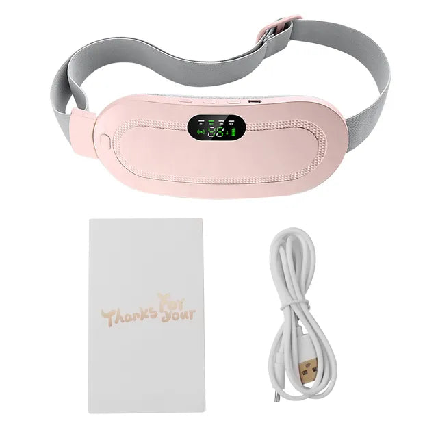 Pink electric heating belt kit with gray strap, control pad, and coiled power cord