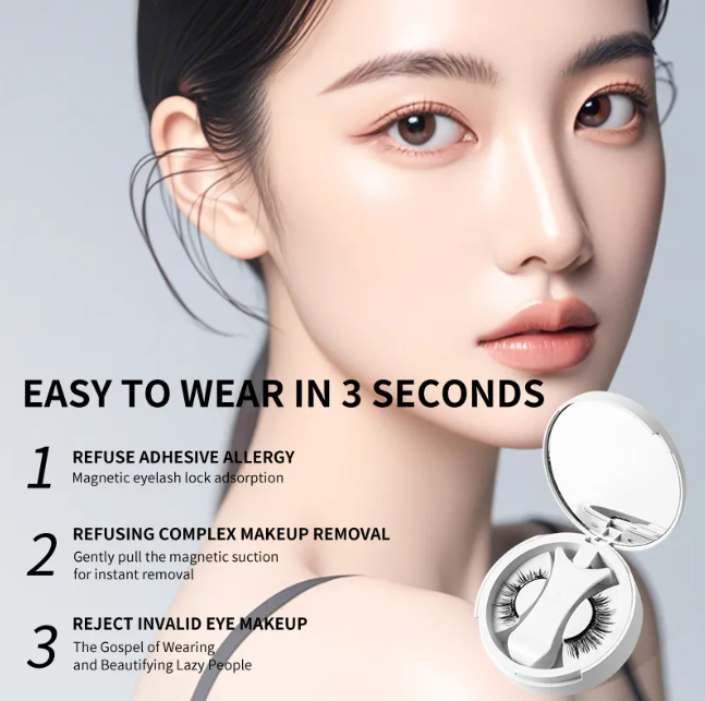 Magnetic false eyelashes set in compact case with two eyelash strips, shown for easy wear