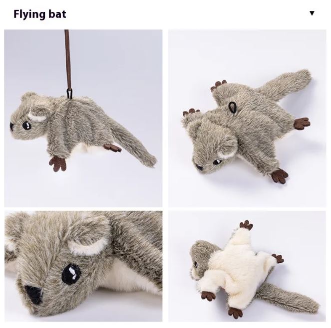 Plush flying bat cat toy with dangling string, gray face and soft wings