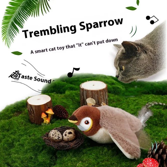 Plush sparrow cat toy with brown body, orange beak, and wide eyes
