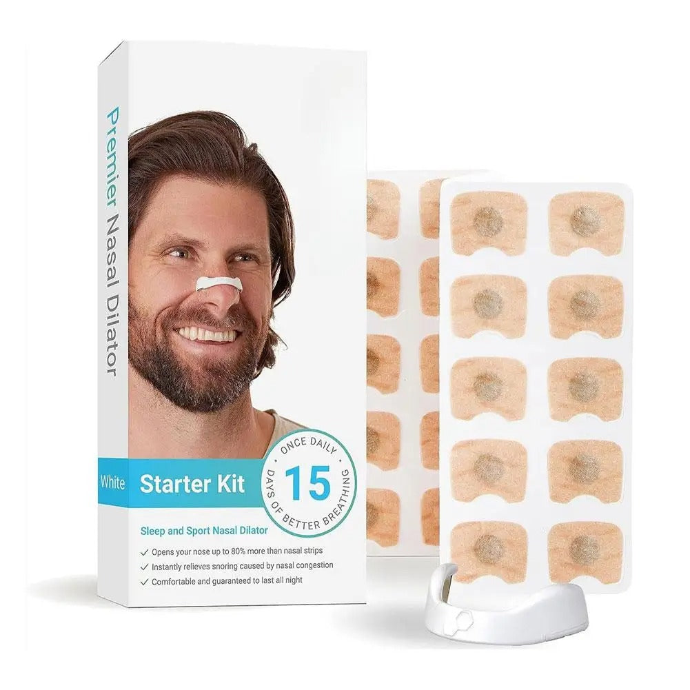 Starter kit box beside a man wearing a white nasal dilator strip