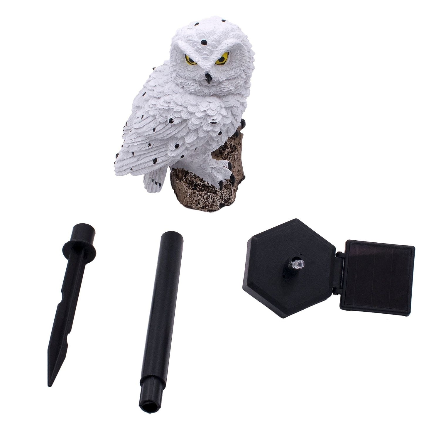 White owl garden lamp parts: owl figure, stake, and solar panel cover