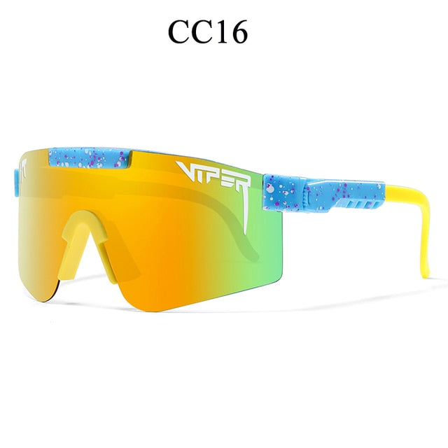 Women's sport sunglasses with orange mirrored lenses and yellow frame with blue speckled temples