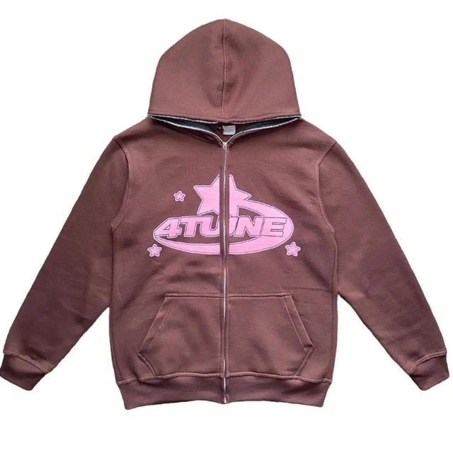 Women’s hooded zip-up hoodie, brown mauve, 4TUNE star logo graphic on chest