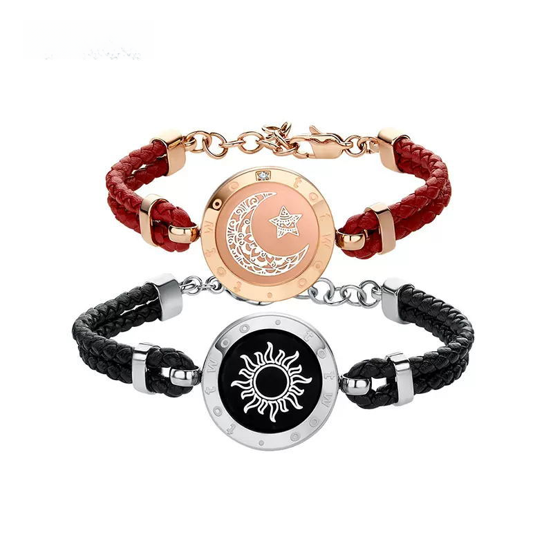 Couples smart bracelet set with red and black braided cords, rose-gold moon and black sun dials