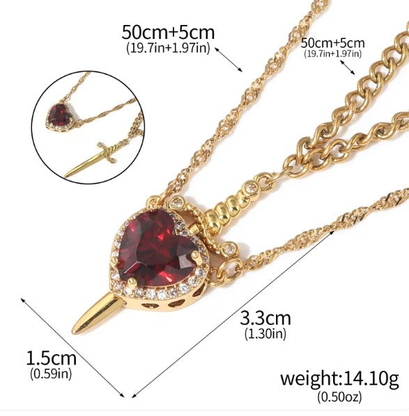 Couple heart and dagger pendant necklace set, gold-tone with red heart crystal
