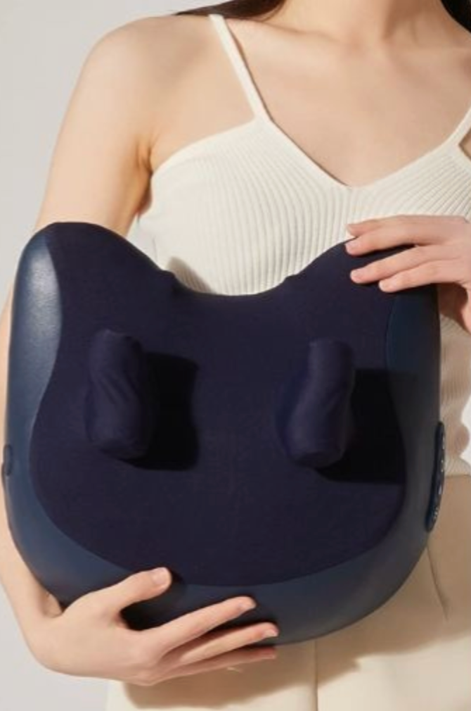 U-shaped neck and shoulder massage pillow in dark navy with padded massage nodes