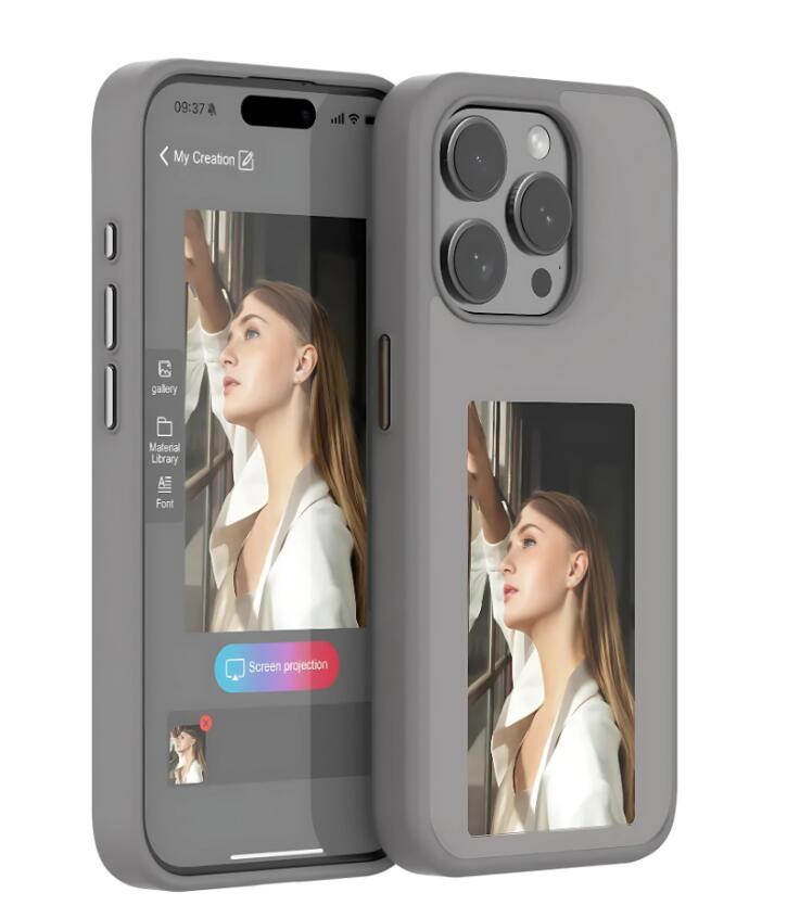E-ink display iPhone case in gray, front view with interactive portrait preview