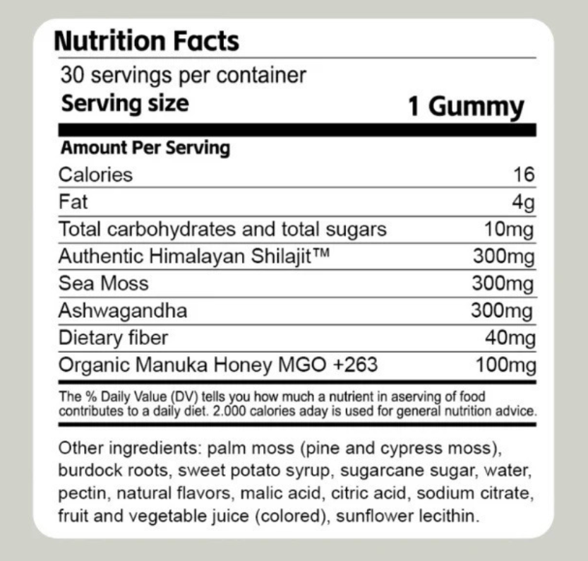Nutrition facts panel for 3 in 1 wellness gummies, 30 servings per container