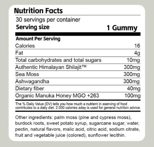 Nutrition facts panel for 3 in 1 wellness gummies, 30 servings per container