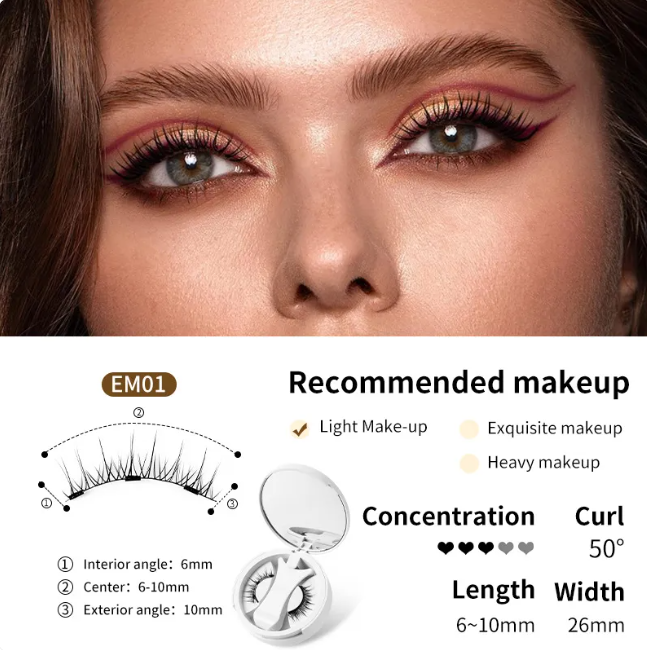 Magnetic false eyelashes set diagram for EM01 style with lash pair and compact case