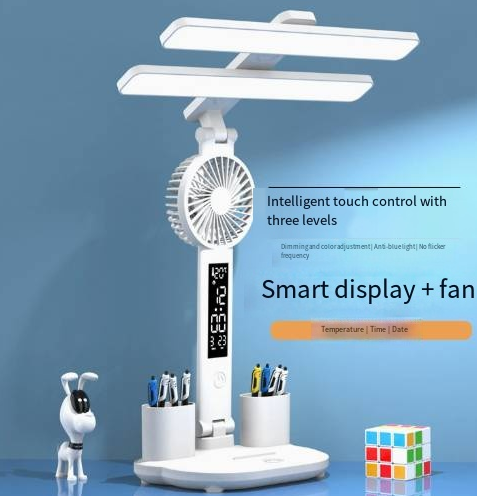 White dual-head desk lamp with fan grille and digital clock/temperature display