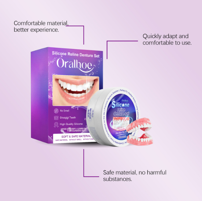 Silicone denture reline set kit with box, round container, and partial teeth, Oralhoe