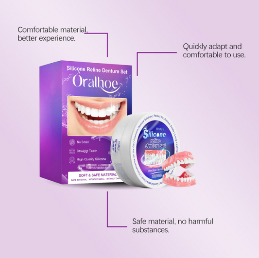 Silicone denture reline set kit with box, round container, and partial teeth, Oralhoe