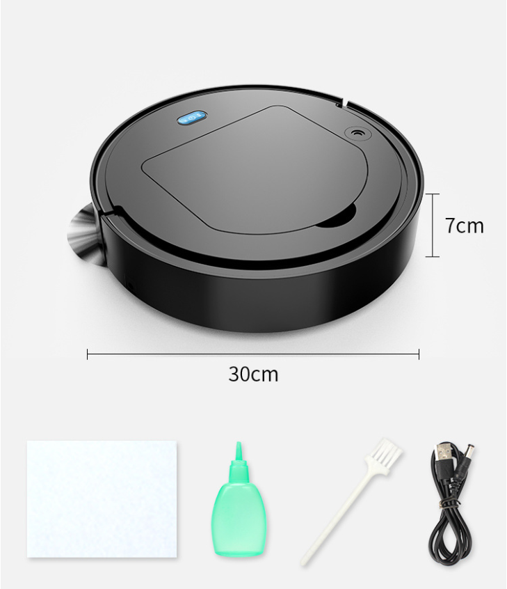 Black cleaning robot with size marks and included brush, cable, and pad