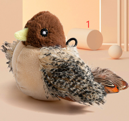 Plush bird cat toy with brown head and speckled wings, soft stuffed texture