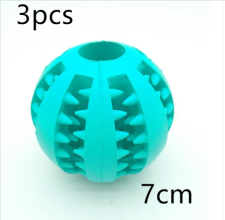 Dog treat dispensing rubber ball in turquoise-blue with raised spike channels