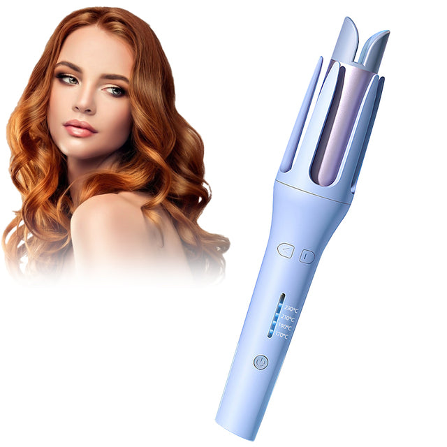 Light blue automatic electric hair curler with rotating barrel and prongs