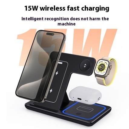 Wireless 3-in-1 charging stand, black stand with phone, watch and earbuds on blue pad