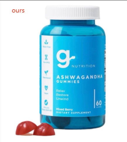 G Nutrition ashwagandha gummies bottle with white cap, blue label, 60 gummies, mixed berry