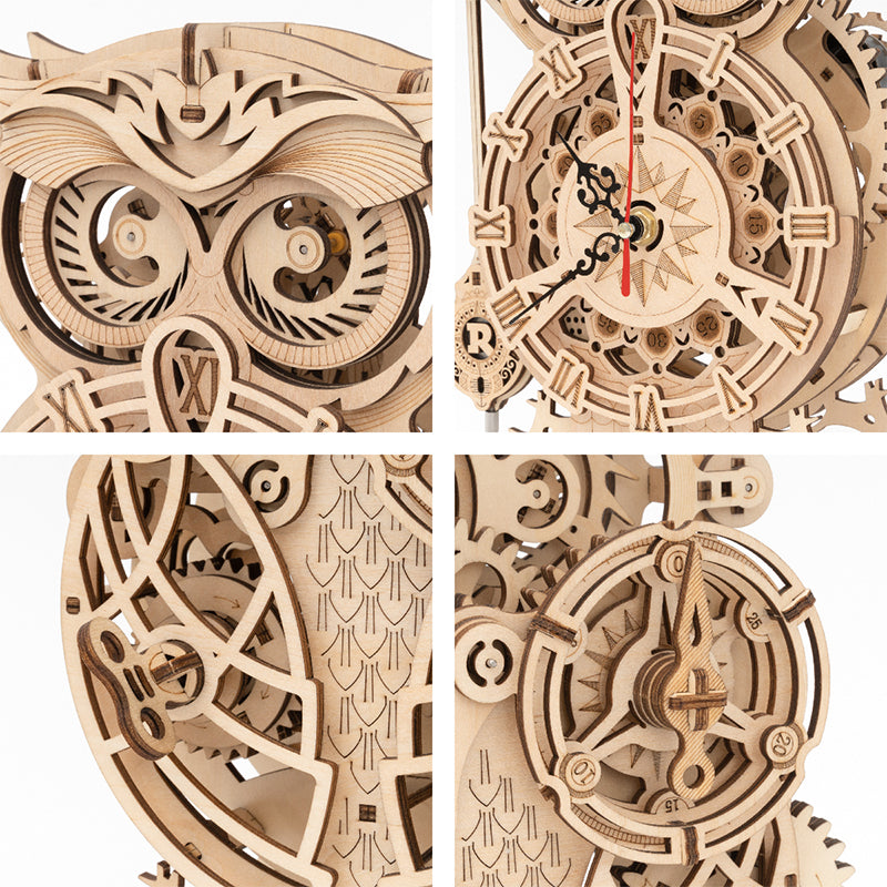 Light wood owl clock puzzle detail close-ups of gear wheels and clock face