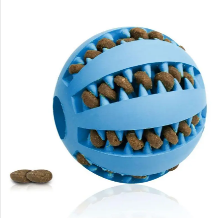 Blue rubber treat-dispensing slow feeder dog ball with open ridges and treat pieces