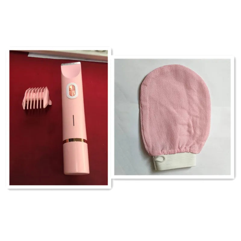 Pink 2-in-1 electric hair remover with pink cleaning mitt and comb head