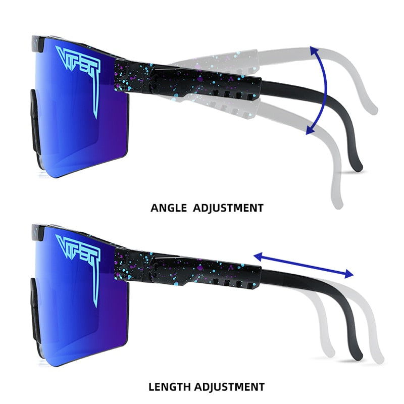 Women's sunglasses with blue mirrored lenses, black speckled frame and temple arms