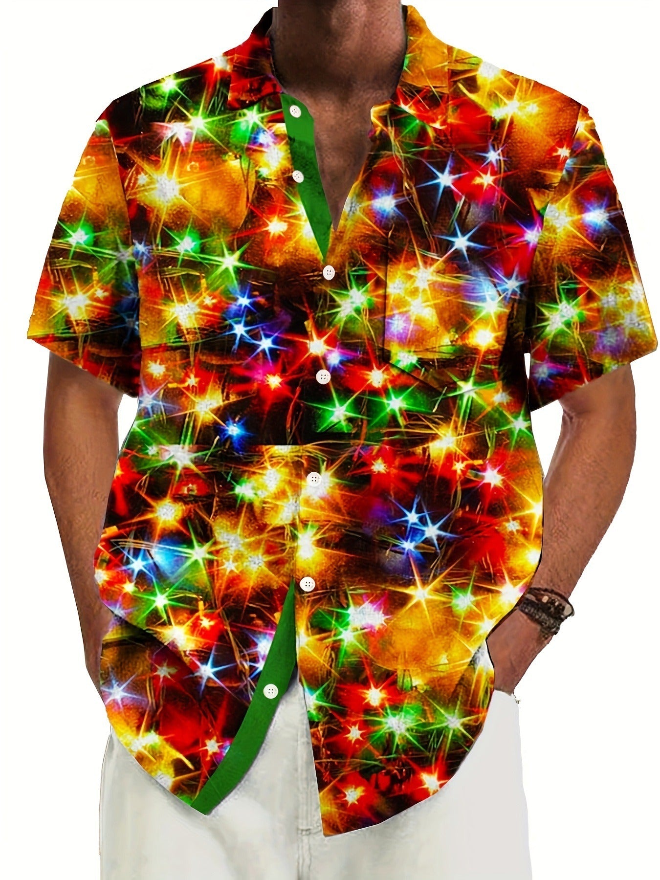 Men's short-sleeve button-up shirt, bright multicolor starburst 3D print, open collar