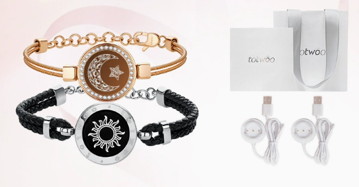 Couples smart bracelet set with rose-gold moon dial and black sun dial, braided leather bands