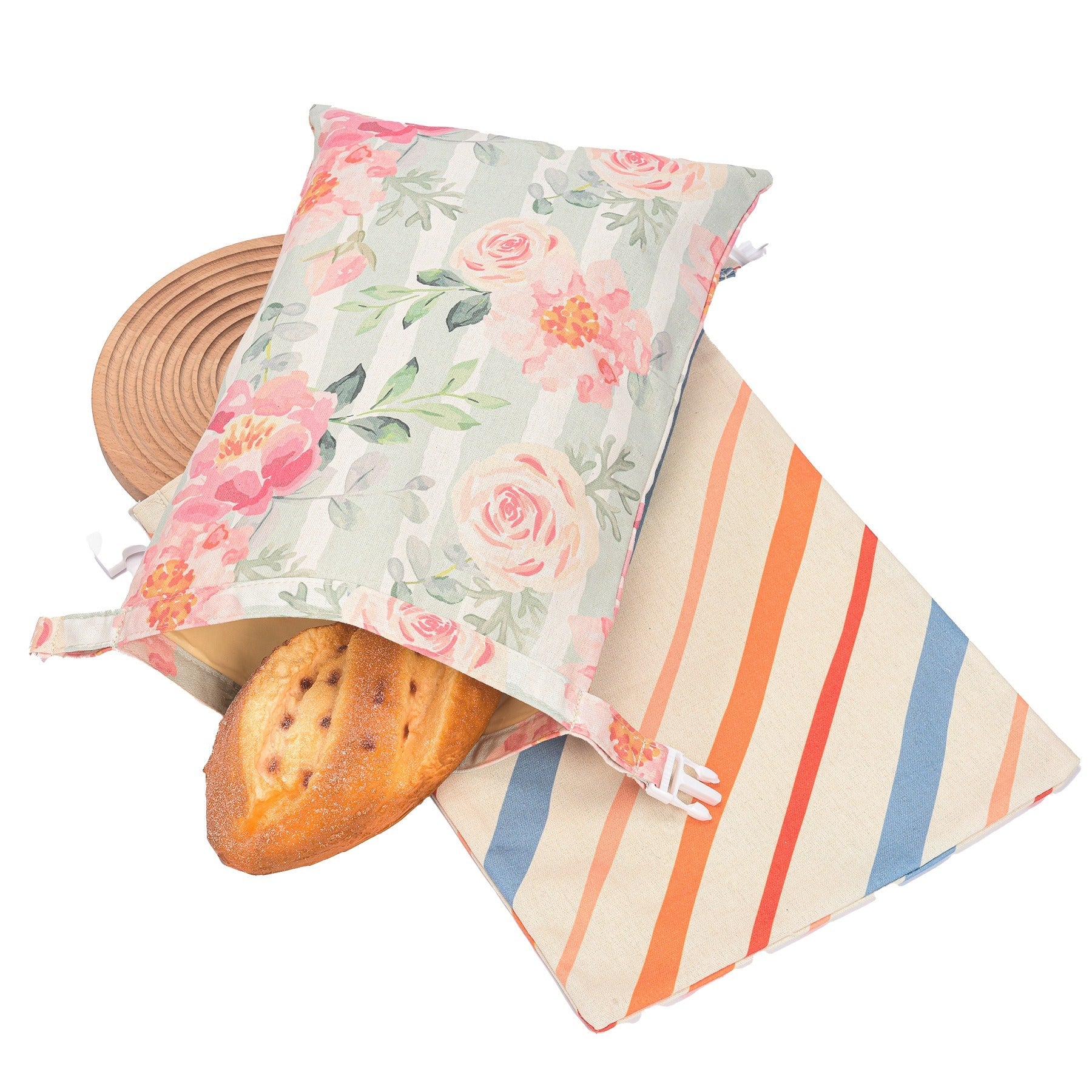 Cotton linen bread bag, pastel rose floral print with drawstring gathered top