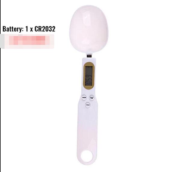 White digital measuring spoon scale with LCD display and rounded ingredient scoop