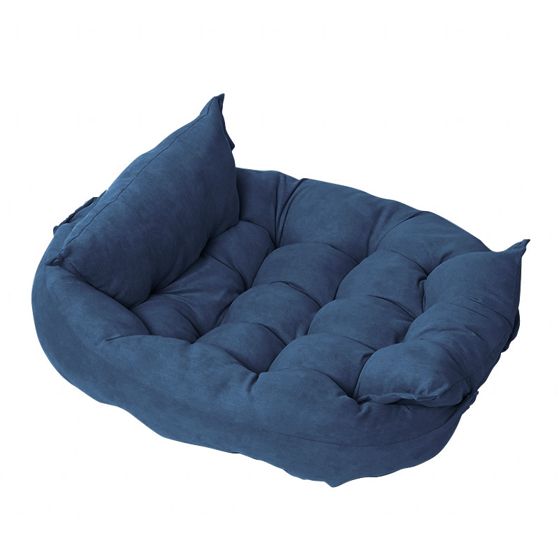 Foldable pet nest sofa bed in dark blue with plush tufting and side bolster wings