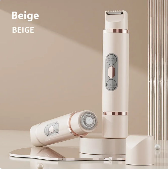 Dual-head electric epilator in beige with upright body, metal rim, and charging base