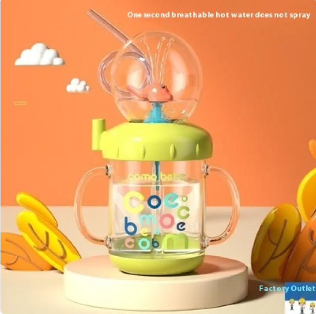 Green kids whale hot-water sippy bottle with clear Tritan body and blue spout